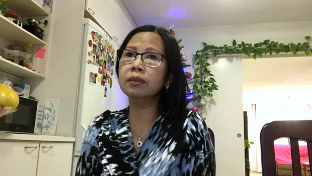 Chea Vichea's wife Chea Kimny speaks with RFA via Skype, Jan. 15, 2019.