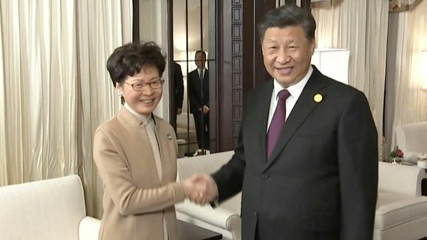 Chinese President Xi Jinping (R) and Hong Kong Chief Executive Carrie Lam shake hands during their meeting in Shanghai, Nov. 4, 2019. 
