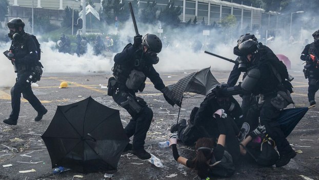 Police detain demonstrators in the Sha Tin district of Hong Kong, as violent demonstrations take place in the city on the National Day holiday to mark the 70th anniversary of communist China's founding, October 1, 2019.