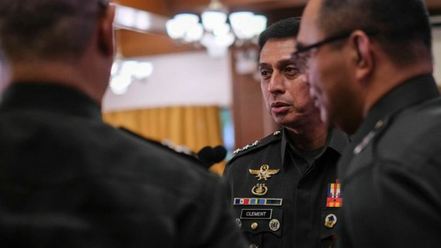 Lt. Gen. Noel Clement (center), the Philippine military’s new chief of staff, is seen with other officers at the Foreign Correspondents Association of the Philippines in Manila, Oct. 10, 2019.