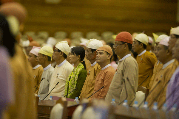 Lawmakers from the National League for Democracy (NLD) party attend a session in the lower house of parliament in the capital Naypyidaw, March 10, 2016.