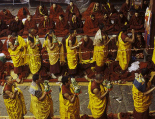 Monks at a ceremony in the Jokhang temple in Lhasa, Dec. 16, 2011.